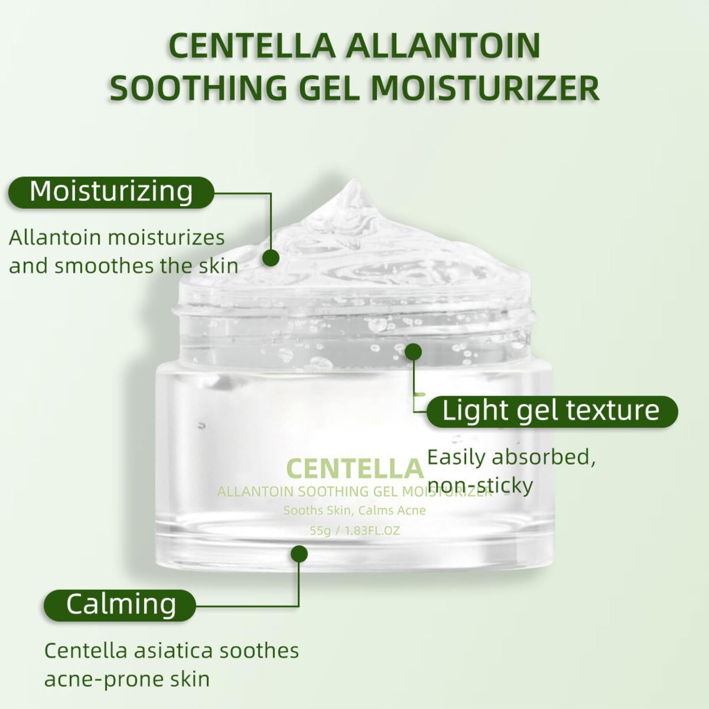 Hydrating Centella Gel Cream - Face Moisturizer for Women - Nourish Moisturiser for Oily Skin - Face Cream for Women - Centella Asiatica Gel Moisturiser - Sooths Skin Calms Acne 55g