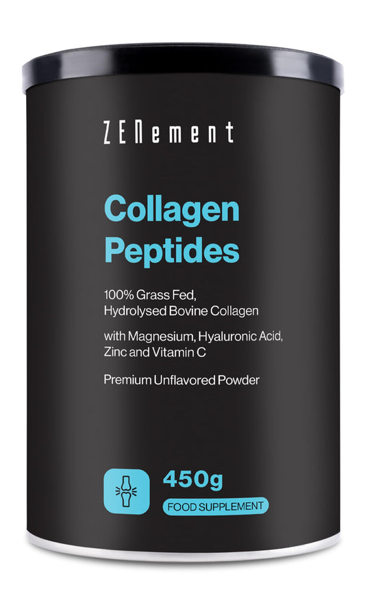 Zenement Collagen Peptides - Hydrolysed Collagen Powder (Type I, III) from Grass-fed Cattle - with Magnesium, Hyaluronic Acid, Zinc, and Vitamin C - Unflavoured - High Solubility - 450g