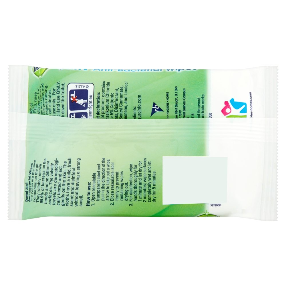 Dettol 2-In-1 Antibacterial Wipes, 15 wipes