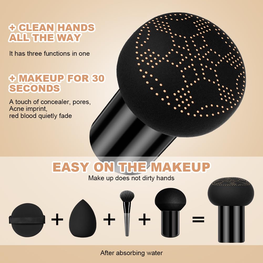 LOPHE 2 Pcs Mushroom Head Air Cushion CC Cream, Moisturizing & Oil Control Foundation Cover Concealer, Long Lasting Air Cushion CC Cream with Mushroom Makeup Sponge, Liquid Foundation CC Cream for Makeup