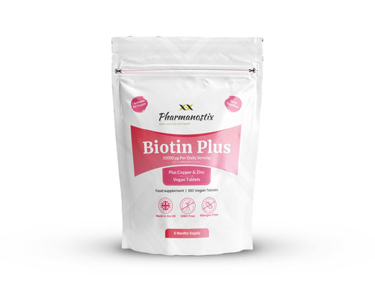 Pharmanostix Biotin Plus 360 Vegan Tablets - Enhanced with Zinc & Copper - Biotin 10000 mcg Per Daily Serving Hair Growth Supplement - 6 Months Supply - Hair Skin & Nails for Women & Men - UK