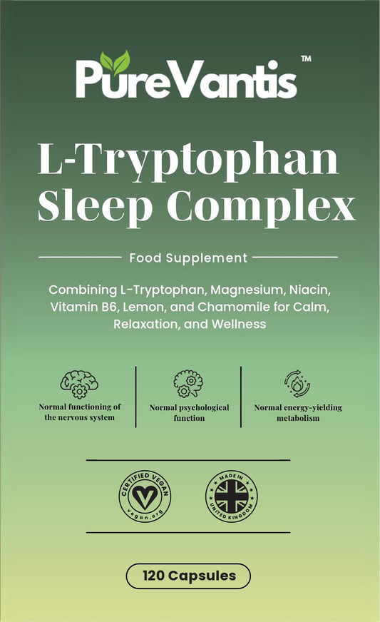 PureVantis L-Tryptophan Sleep Complex Supplement – 90 Capsules | with Botanicals & Vitamin B6 for Restful Sleep & Relaxation, UK Made