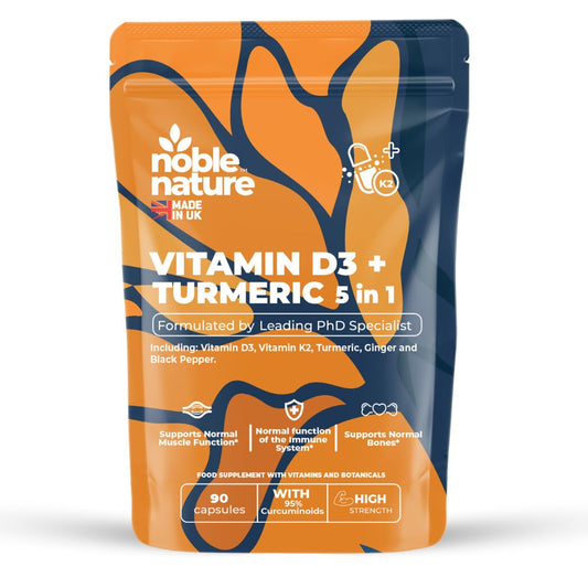 NobleNature Vitamin D3 4000IU + K2 MK7 100µg with Turmeric, Ginger & Black Pepper – High Strength 5-in-1 Formula – 90 Capsules (45 Day Supply) – UK Made Supplement with 95% Curcuminoids (90)