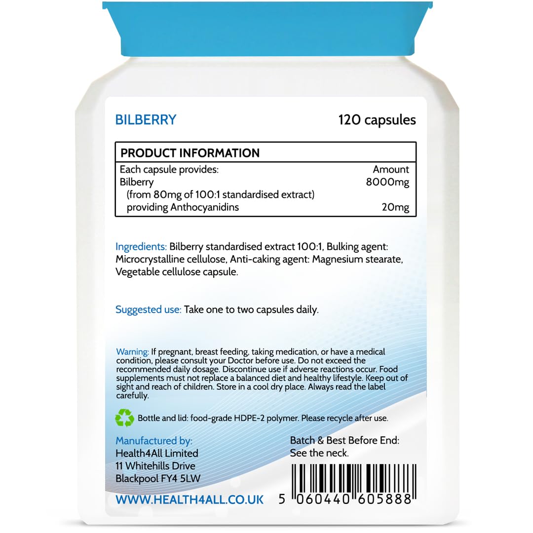Bilberry Strong Extract 8,000mg 120 Capsules (V) Vegan Capsules (not Tablets). Antioxidant for Eyesight. Made in The UK by Health4All.