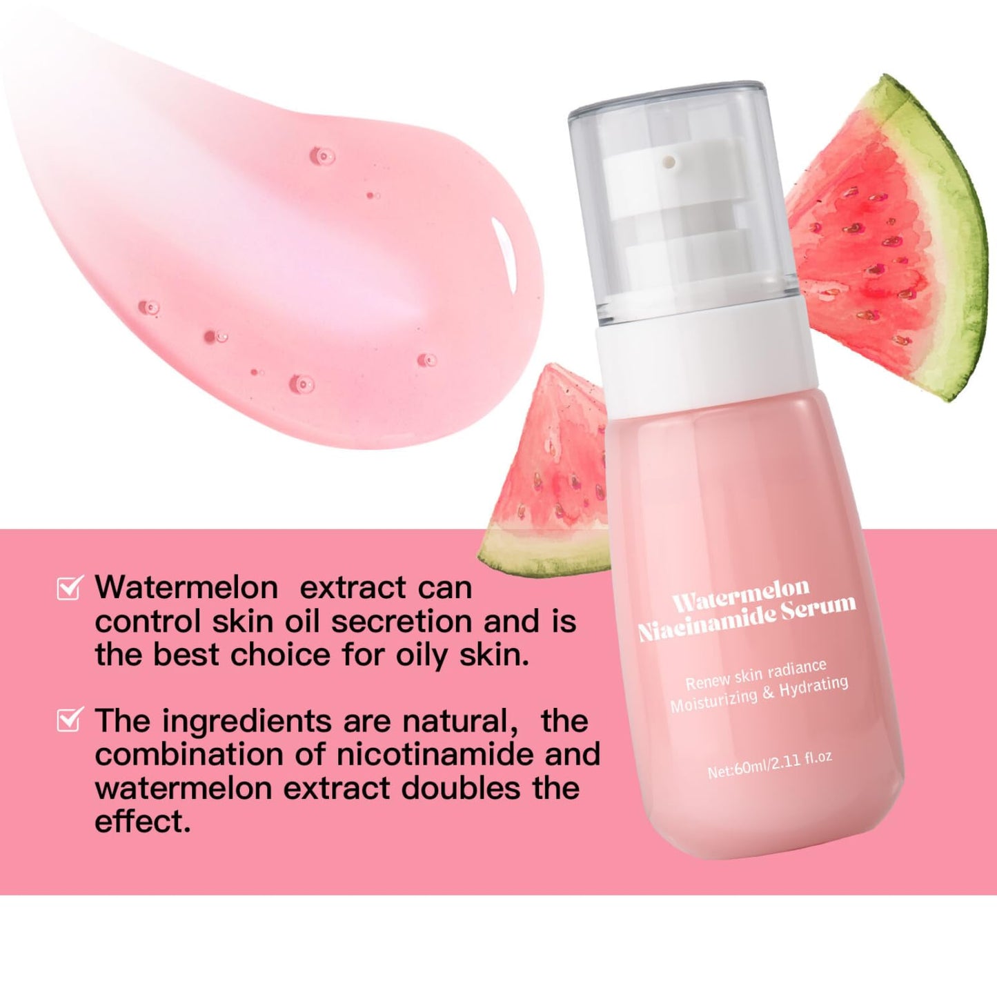 Watermelon Niacinamide Serum for Hydration, Hydrating Serum with Watermelon Extract for Radiant Glow, Niacinamide Serum for Glowing Skin, Moisturising Face Serum with Watermelon to Repair and Brighten
