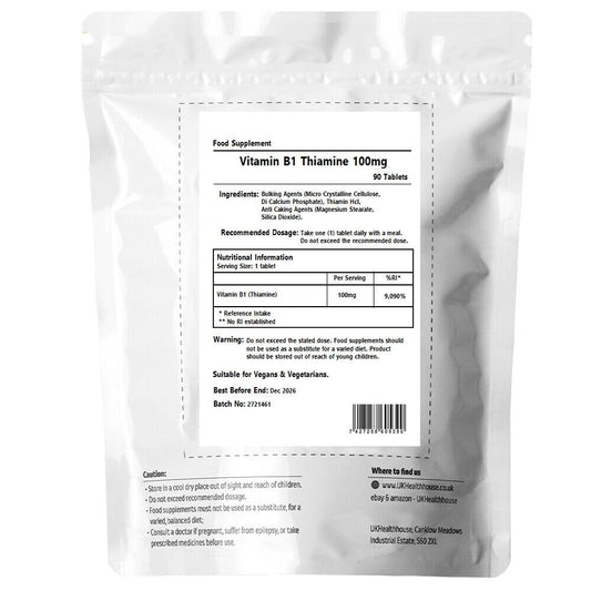 Vitamin B1 Thiamine 100mg x 90 Tablets - High Strength Heart & Nervous System, Immune and Psychological Function & Energy Release, Vegan, Gluten-Free