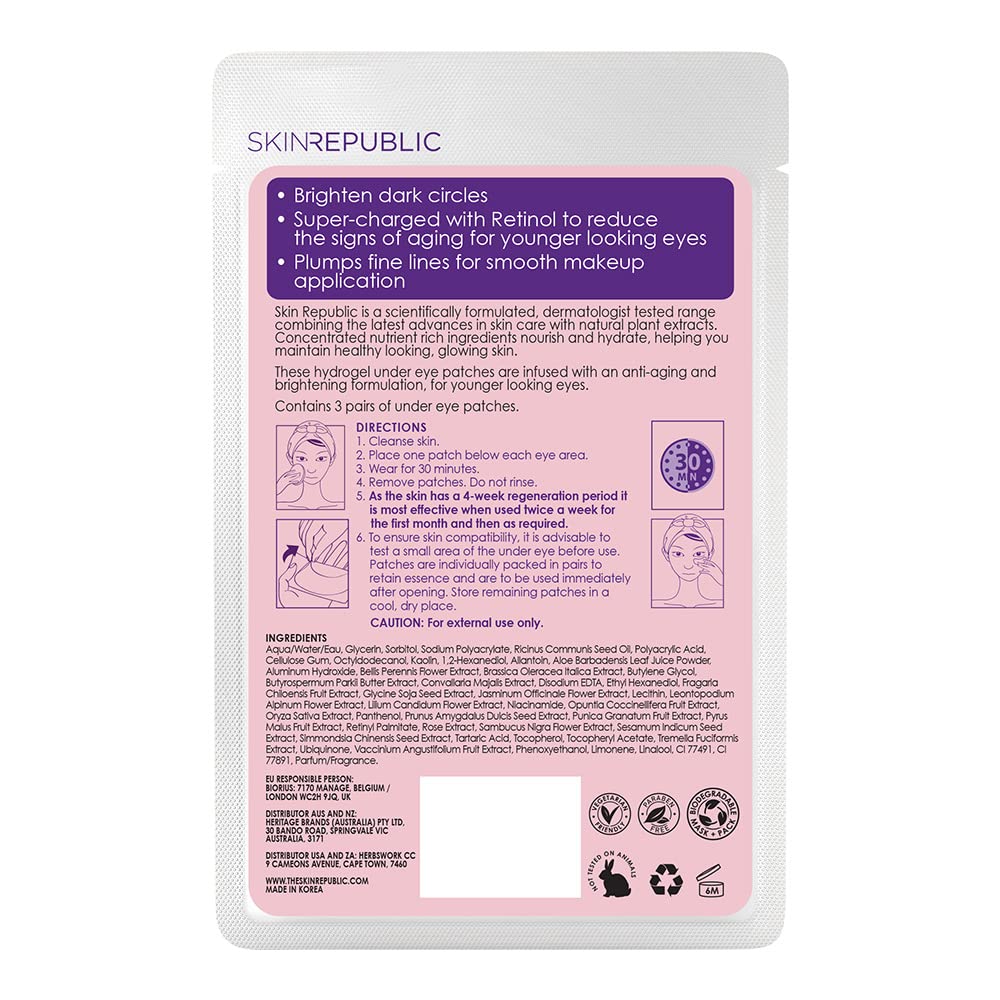 Skin Republic Retinol Infused Hydrogel Under Eye Patch | Reduces Deep Wrinkles & Undereye Lines | Reduces Dark Circles | Made in Korea (Pack of 3 Pairs)