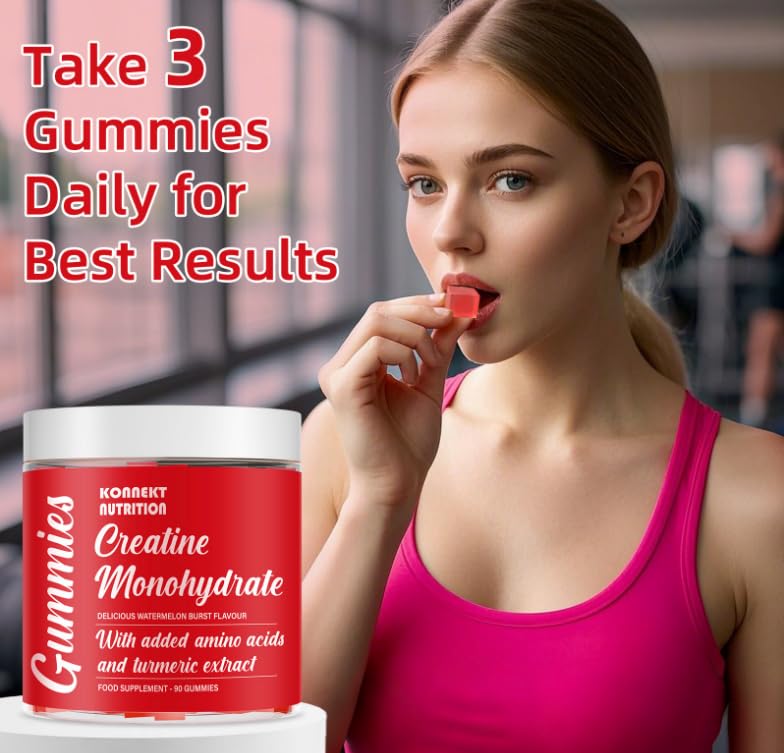 K - KONNEKT Creatine Monohydrate Gummies, Added 500mg BCAAs and Turmeric Extract, 4500mg per Serving, Pre-Workout Gym Supplement for Men and Women (1 Month Supply), Watermelon Burst