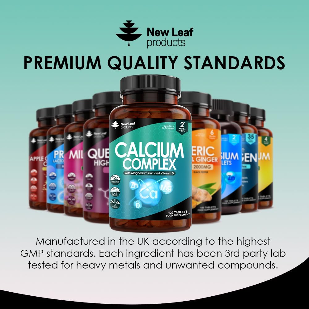 Calcium Magnesium Zinc and Vitamin D - Calcium Supplement - 120 High Strength Calcium Tablets Supplement Calcium Magnesium Vitamin D, Zinc Tablets - Calcium Complex Made in The UK by New Leaf