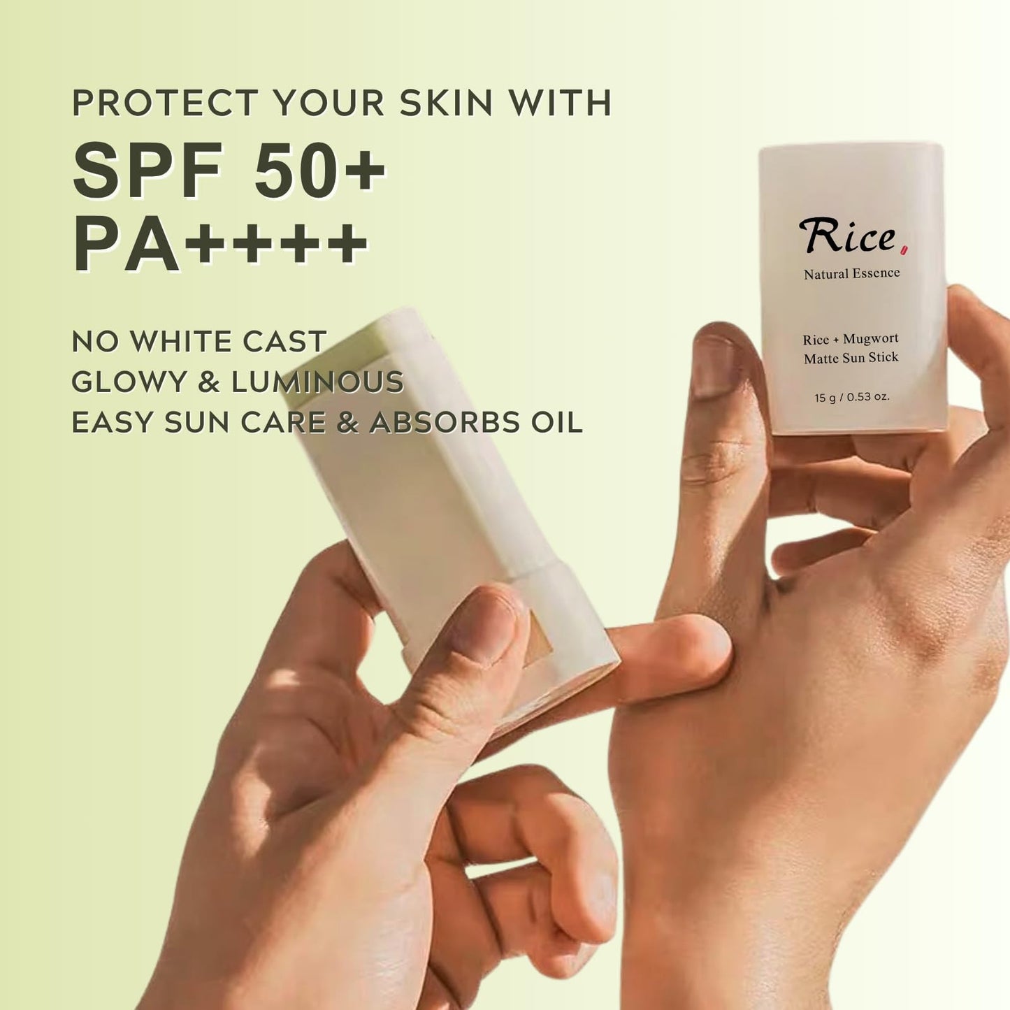 Matte Sun Stick SPF 50: Mugwort+Rice, Sunscreen Stick for Face & Body, Natural Roll on Sunscreen SPF 50, Waterproof Sun Cream Factor 50, Silky & Smooth, No White Cast, 15g