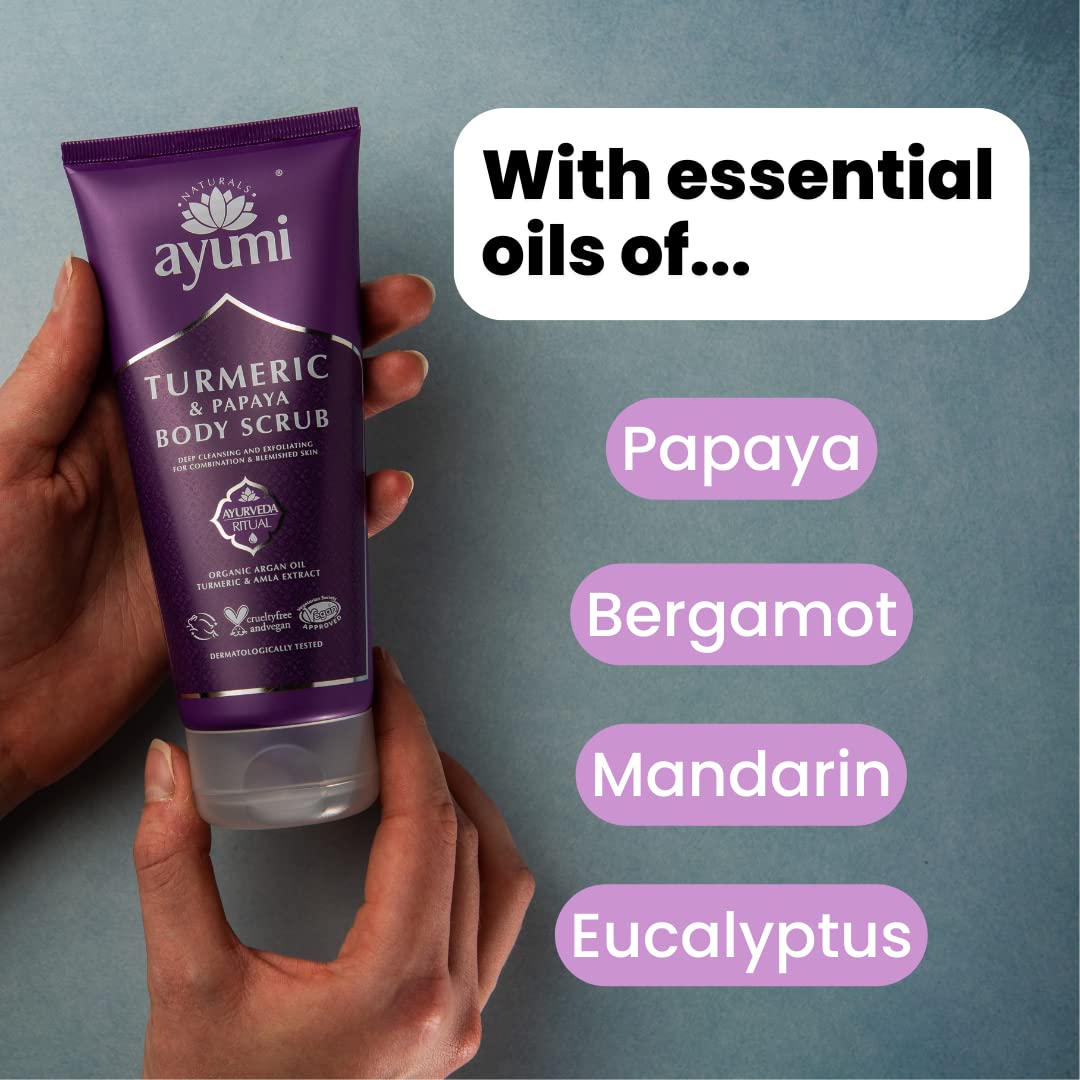 Ayumi Turmeric & Papaya Body Scrub, With Ground Olive Stones & Crushed Pumice Stone to Buff Away Dead Skin Cells, For Smooth & Radiant Skin 1 x 200ml