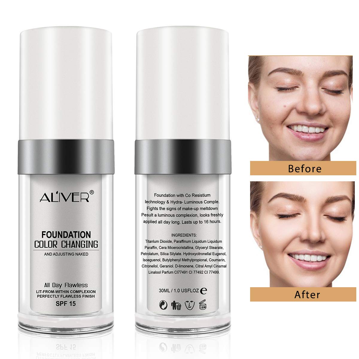 Flawless Colour Changing Foundation Makeup Base Warm Skin Tone Nude Face Moisturizing Liquid Cover Concealer Universal Shade for ALL Skin Makeup(2PCS)