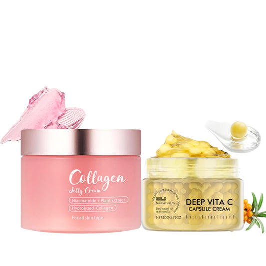 IZBEAUVO Collagen Jelly & Deep Vitamin C Capsule Cream, Face Moisturizer with Freeze Hydrolyzed Collagen & Vita C Cream with 5% Niacinamide, Anti-Wrinkle, Brightening Korean Skincare for 24h Glow & Elasticity
