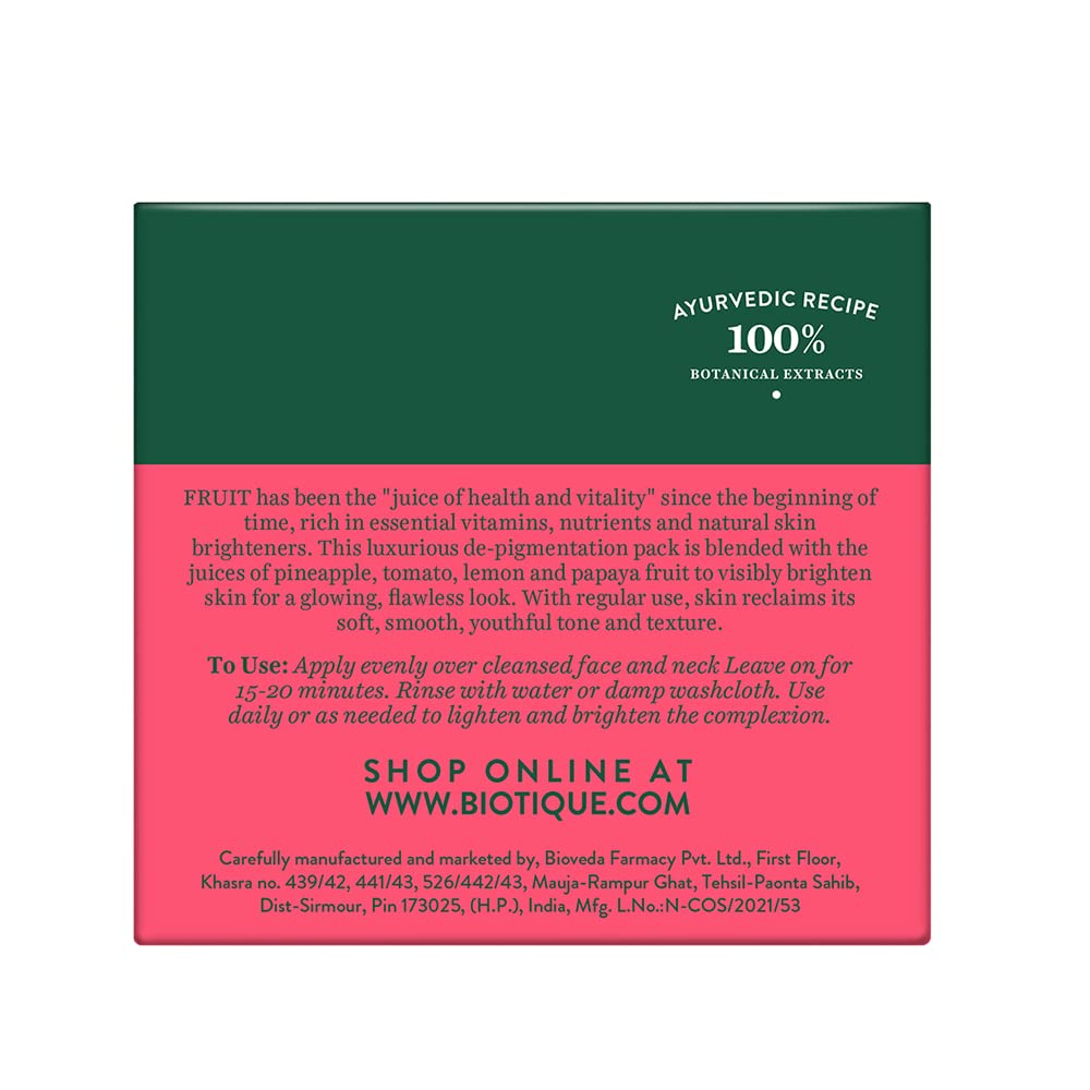 Biotique Bio Fruit Whitening & Depigmentation & tan removal Face Pack 75G/2.65 Fl.Oz. I For All Skin Type