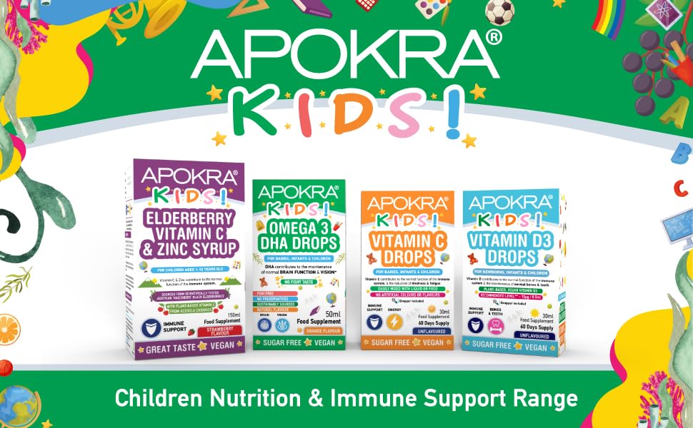 Omega 3 Vegan DHA Drops for Kids - 50mL - No Fishy Taste - Preservative Free and Sugar Free. Sustainable Algal Alternative to Fish Oil | APOKRA Kids