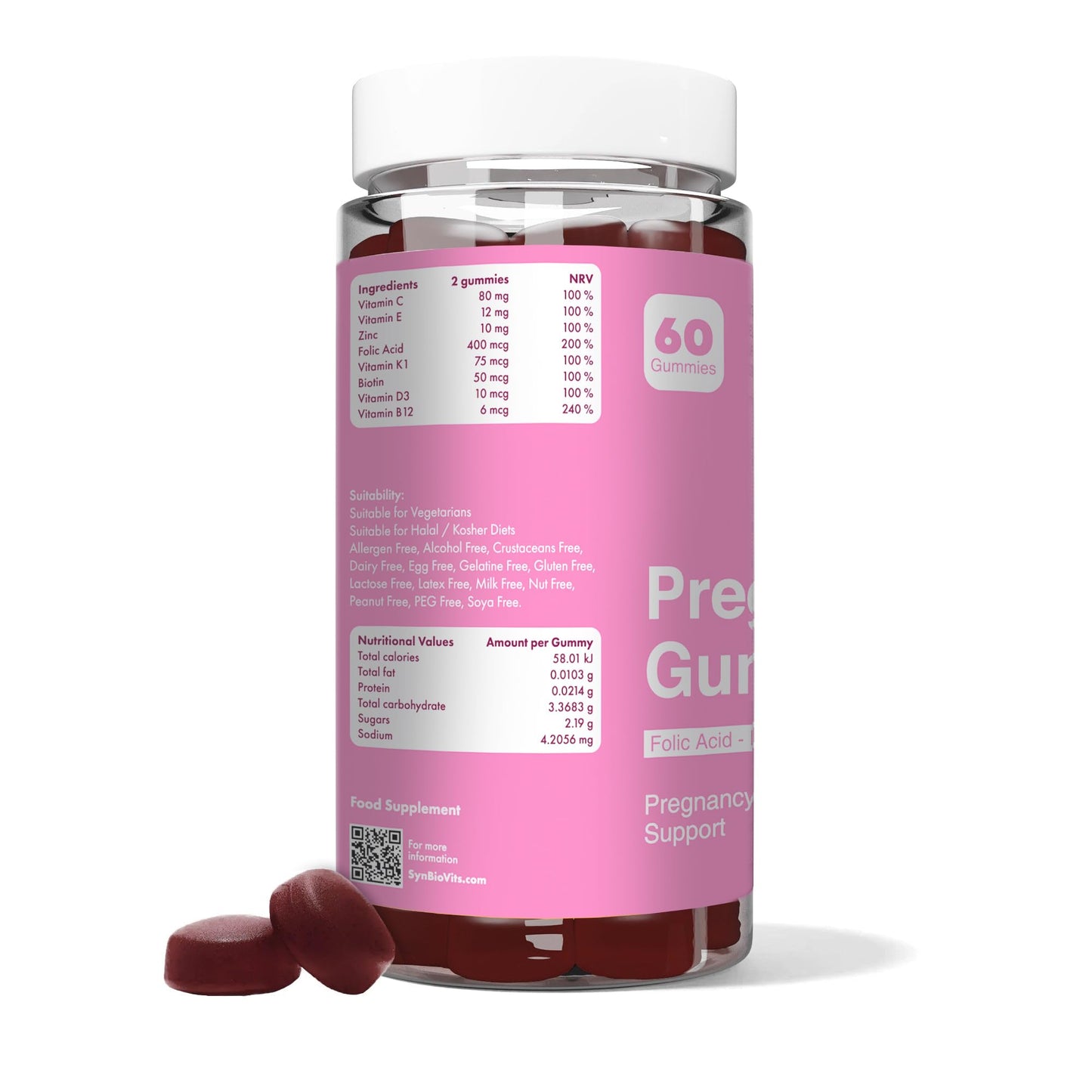 SynBio Pregnancy Gummies | Prenatal Multivitamin with Folic Acid, Vitamin D3, B12, Zinc & More | Gelatin Free, Vegetarian, Nut Free | 60 Mixed Berry Gummies for Daily Pregnancy Support