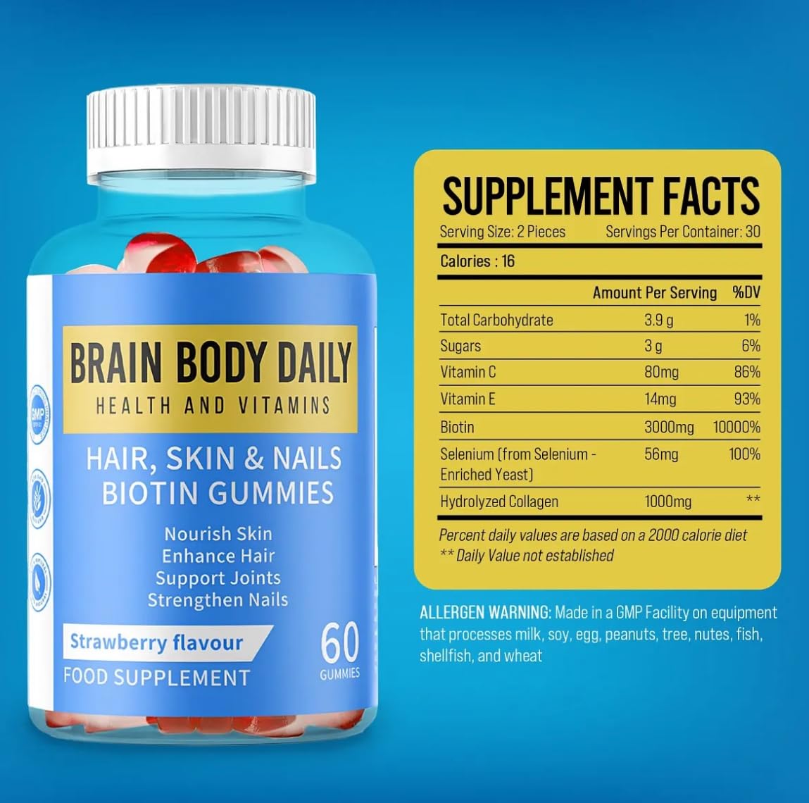 Brain Body Daily Hair, Skin and Nails Vitamin Gummies with Biotin, Vitamin C and E, Collagen - Biotin Gummies for Hair Growth 60 Gummies. Promotes Thicker Hair, Reduces Breakage, Stronger Nails and Glowing Skin.