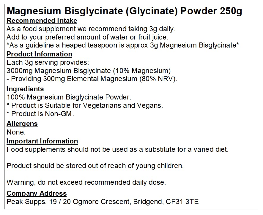 Peak Supps Magnesium Glycinate Powder - Chelated | Bisglycinate (250g)