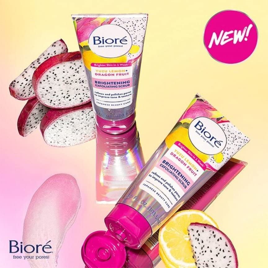 3 x Biore Clear & Bright Yuzu Lemon + Dragon Fruit Exfoliating Face Scrub | Vegan | Oil-Free | Hydrate & Revitalise w Natural Vitamins & Minerals | Soothing Cleanser for Soft Clear Skin |100ml