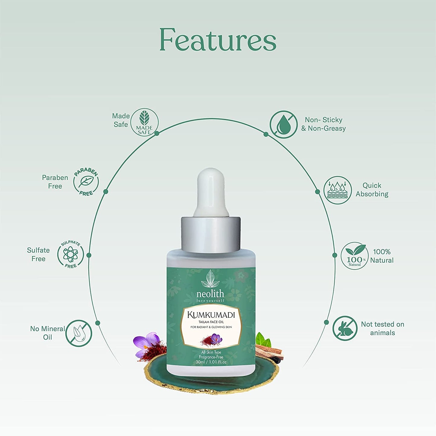 Neolith 100% Organic Kumkumadi Skin Radiance Face Oil with Saffron, Sandalwood, Vetiver, Turmeric & Lotus Extracts for Dull Skin, Dark Spots, Glowing Skin (30 ML)