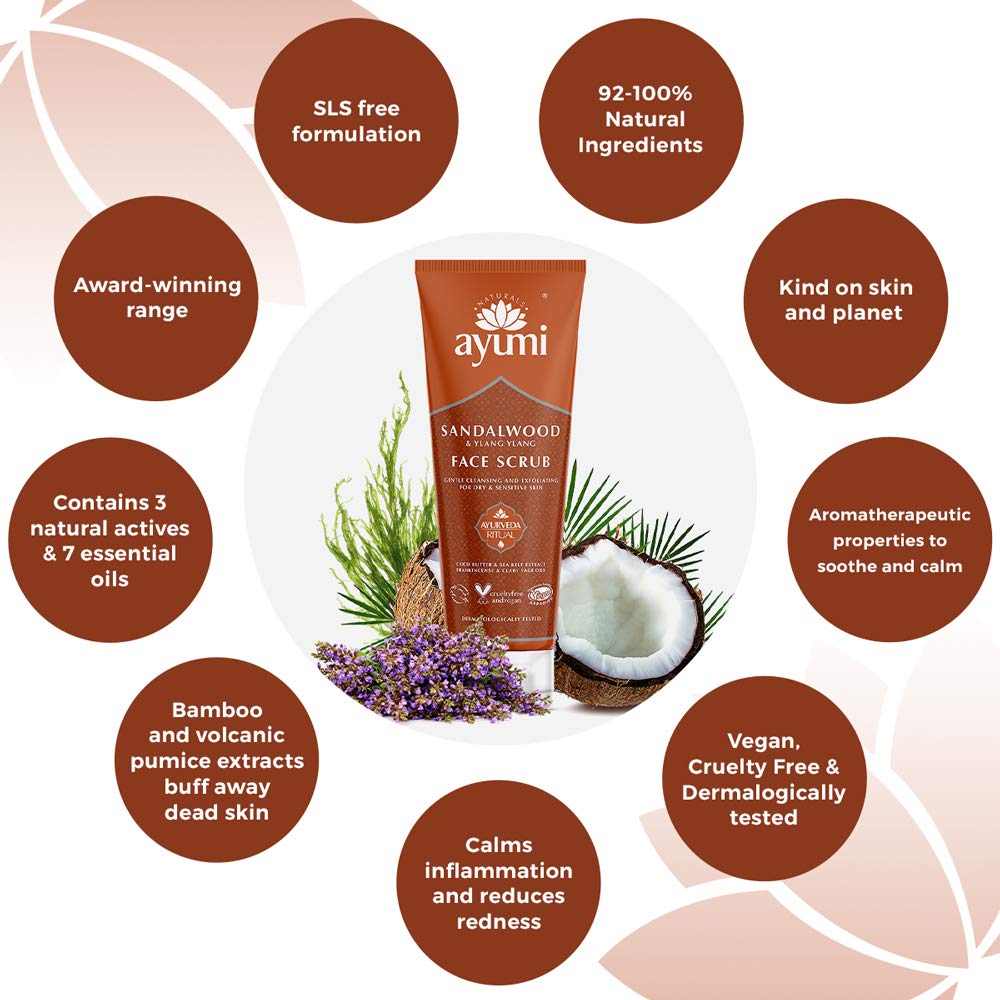 Ayumi Sandalwood & Ylang Ylang Face Scrub, Packed With Bamboo Stem Powder to Buff Away Dead Skin Cells, Rich in Cocoa & Shea Butters For Soft Skin - 1 x 125ml