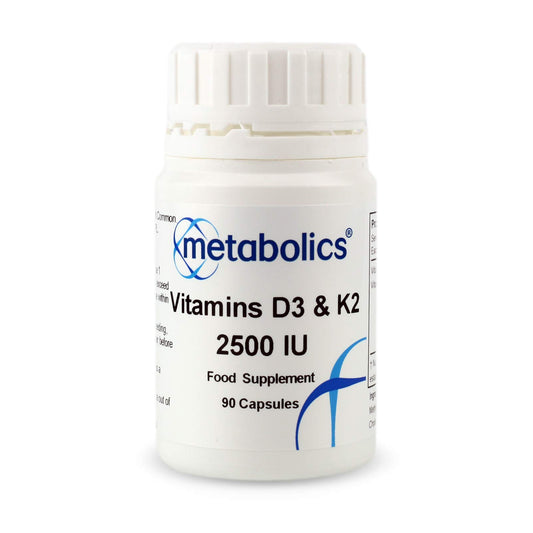 Metabolics Vitamin D3 and K2 2500 IU | Vegetarian Vitamin D Supplement | High Quality Vitamin D and K2, Increased Vitamin D Absorption, In Vegetable Capsules- Manufactured In The UK, Supports Healthy Bones, Teeth and Cell Division- No Caking Agents