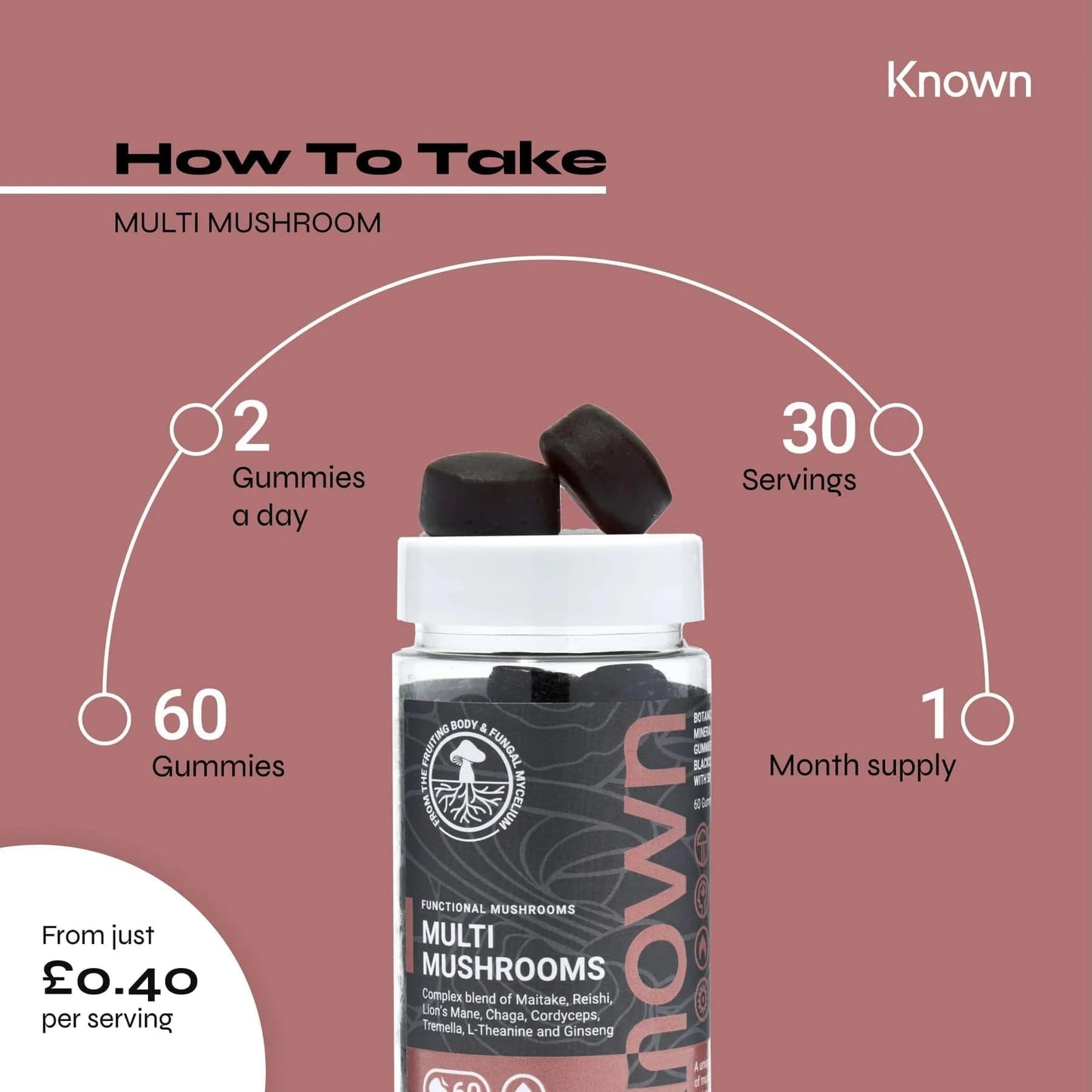 Known Multi Mushroom Complex Gummies - 2000mg Lions Mane, Reishi, Maitake, Chaga, Cordyceps, Tremella, Blackcurrant-Flavoured Gummies with L-Theanine, Ginseng, Pantothenic Acid, Iodine - Vegan (3)
