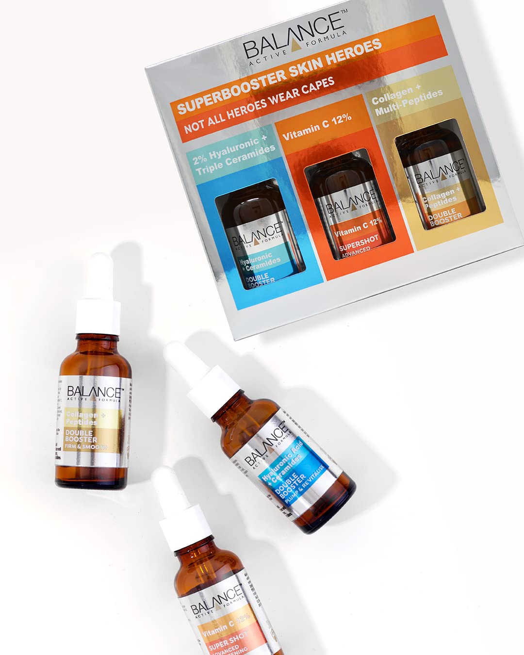 Balance Active Formula Superbooster Skin Heroes Set (2% Hyaluronic & Triple Ceramides, Vitamin C 12% & Collagen & Multi-Peptides Serums) - Dermatologically Tested. Suitable for all Skin Types.