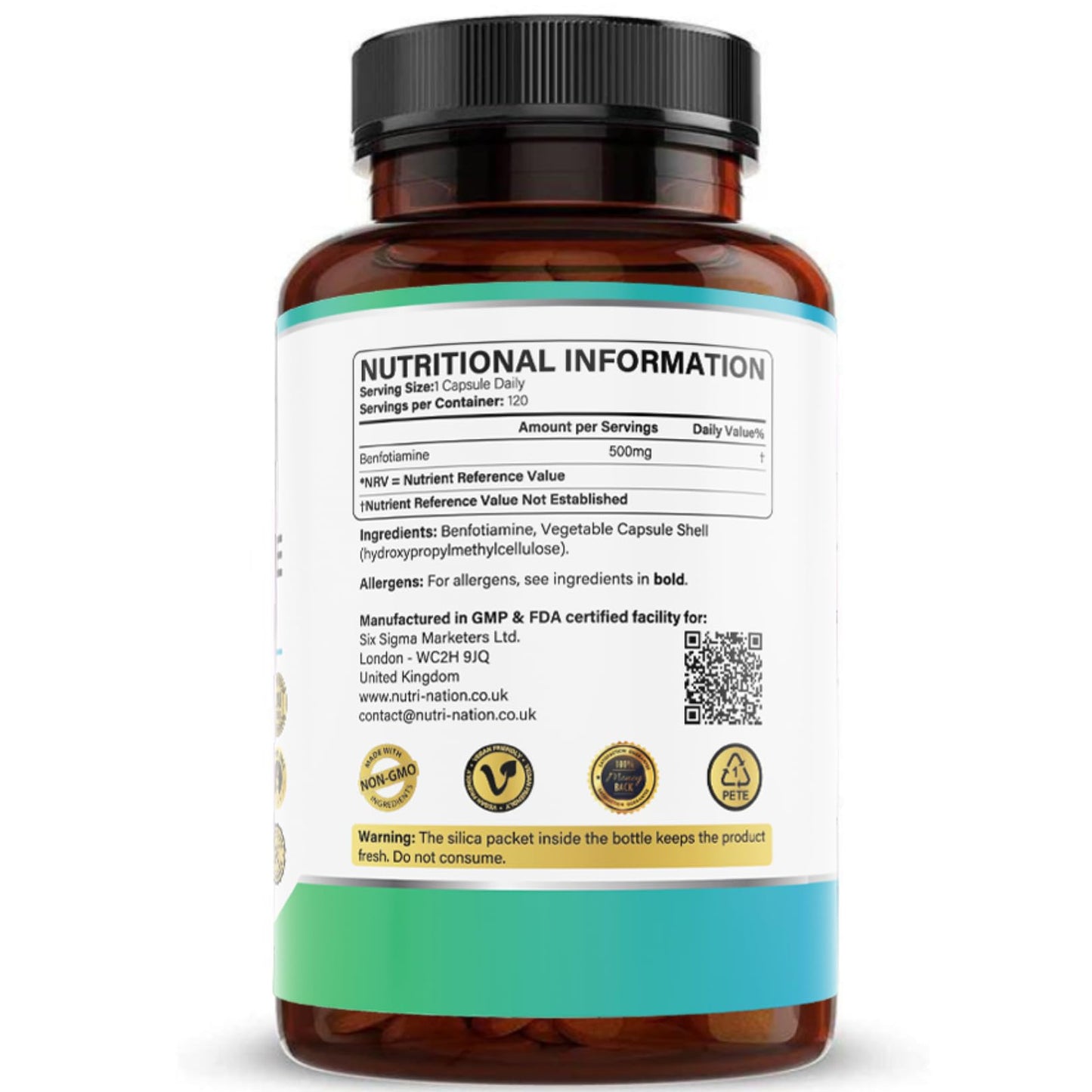 NUTRINATION Benfotiamine 500mg x 120 Capsule | 4 Months Supply | Fat Soluble Vitamin B1 (Thiamine) for Nerve Health & Cognitive Enhancement | Vegan, Non-GMO & Gluten Free | Zero Additives | Third Party Lab Tested