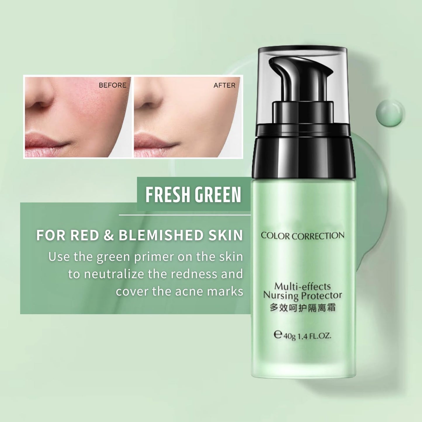Anti-redness Face Primer, Green Colour Corrector, Make up Primer for Red & Blemished Skin, Moisturising Foundation Base, Brighten Skin Tone, Grips Makeup To Last, Hydrating Isolation Cream, 40g