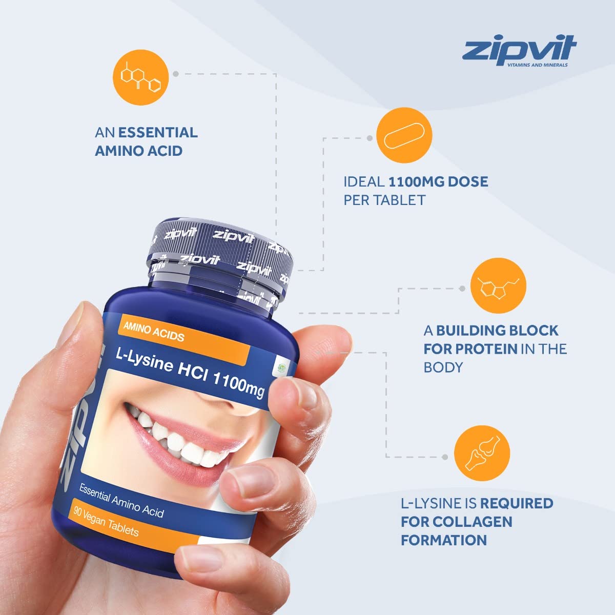Zipvit L-Lysine 1100mg Tablets. High Strength Essential Amino Acid, Vegan and Vegetarian, 90 Tablets, 3 Months Supply