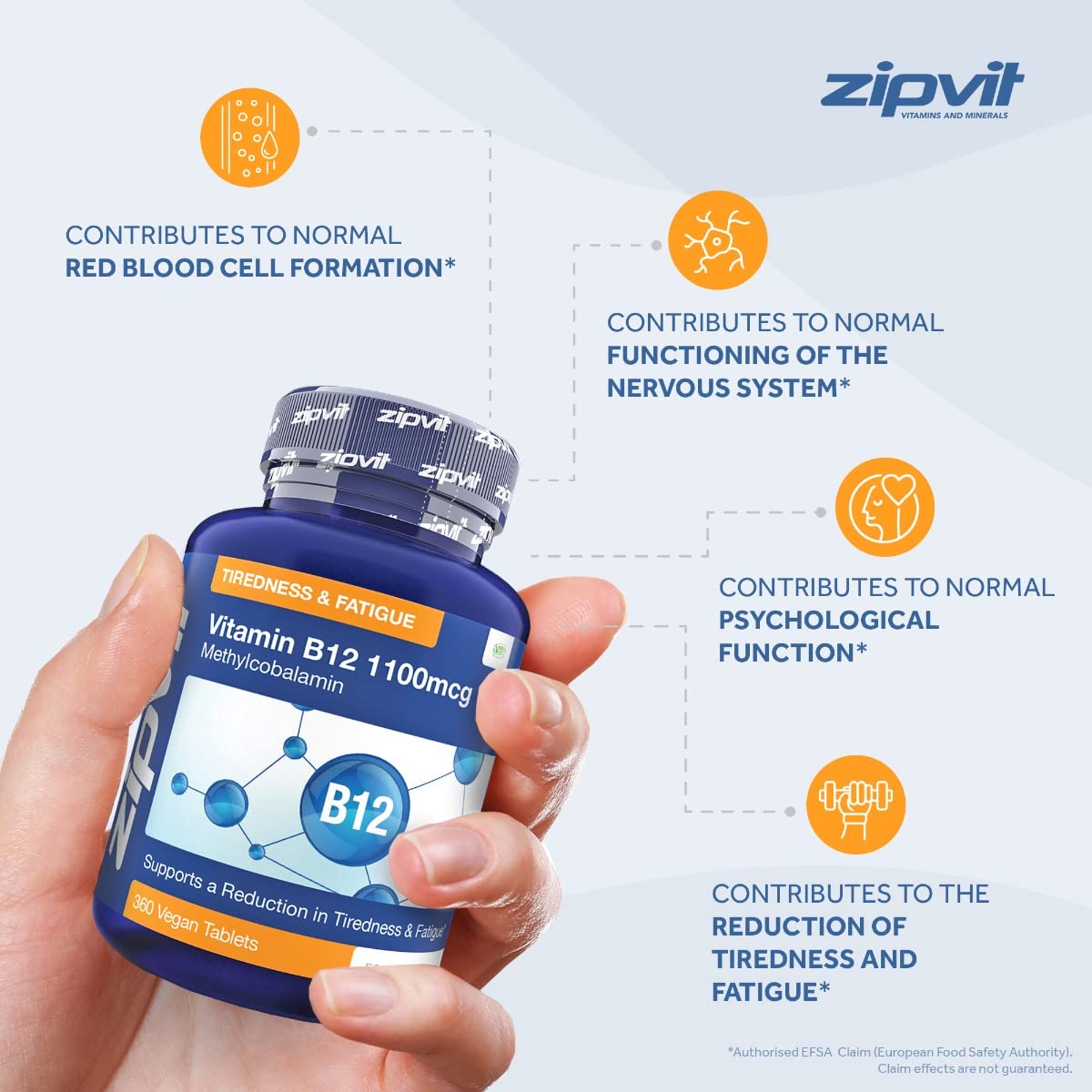 Zipvit Vitamin B12 Tablets High Strength 1100mcg Methylcobalamin, 360 Vegan B12 Tablets (12 Months Supply). Helps with Tiredness and Fatigue. Vegetarian Society Approved B12 Supplement. UK Supplier