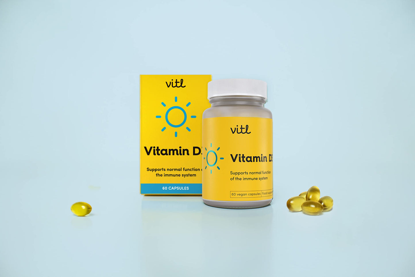 Vitl Vitamin D3 Supplement - 60 Vegan Softgel Capsules - Support for The Immune System, Bones & Joints, Teeth, Muscles and Heart - 2 Month Supply
