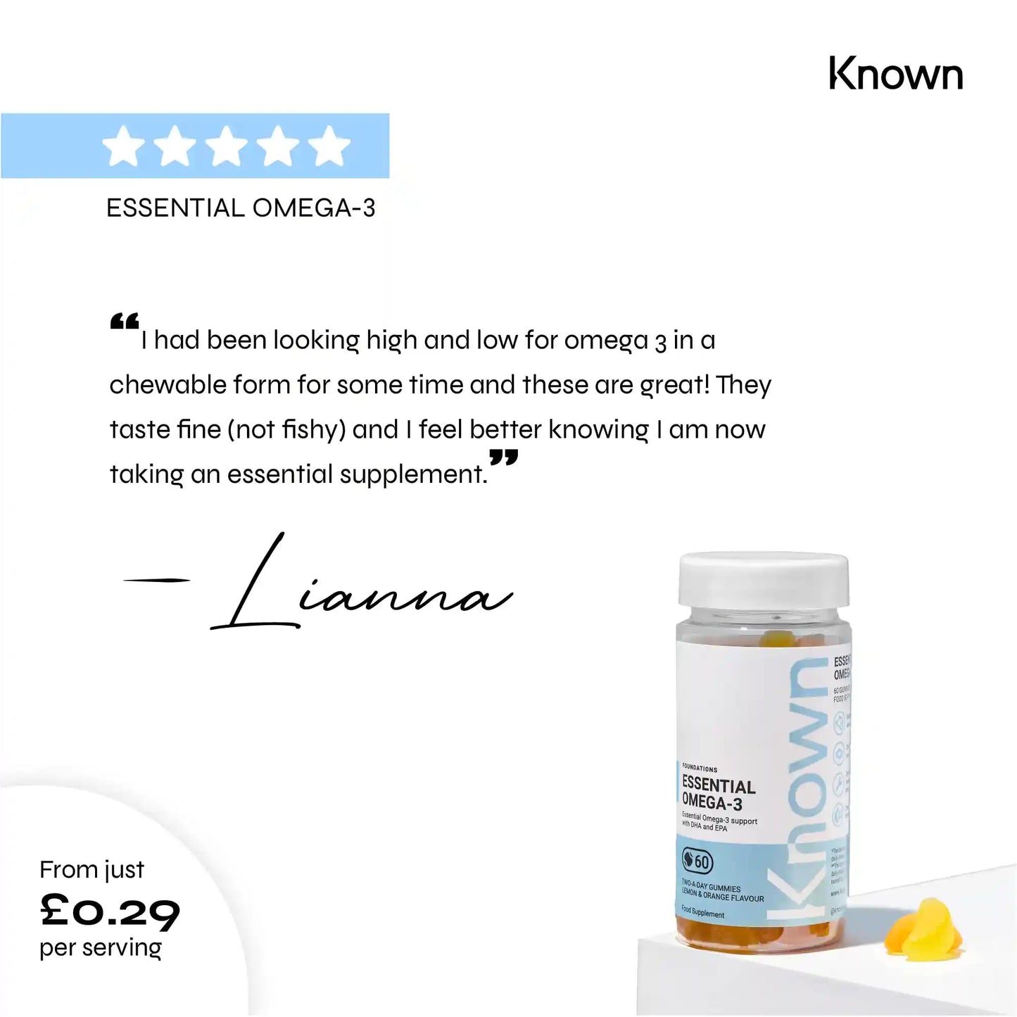 Omega 3 Vitamin Gummies by Known Nutrition with DHA & EPA | 60 Two-a-Day Omega 3 Gummies (One Month’s Supply) | Supports Heart, Brain & Eye Health | Lemon & Orange Flavoured Omega-3 (Pack of 1)