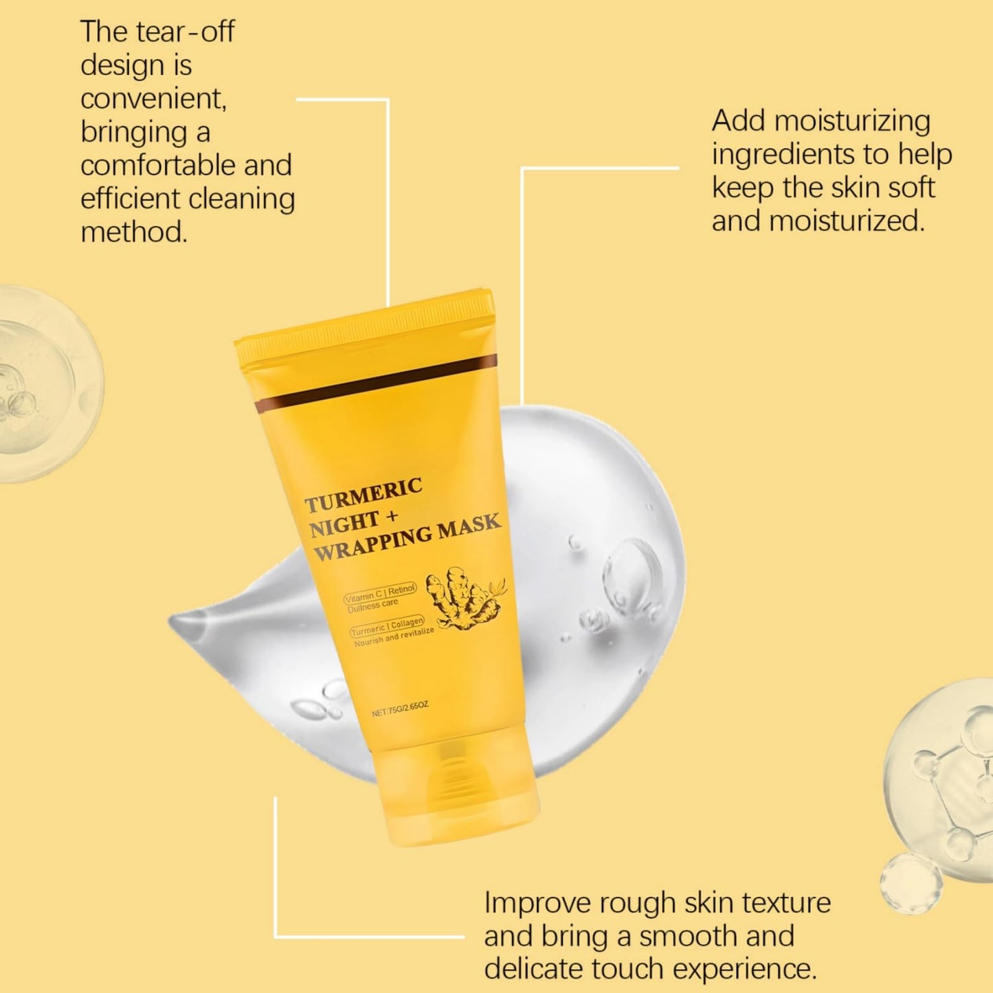 Ruojiar 75g Kojics Acids Turmeric Collagens Night Wrapping Mask,Peel Off Turmeric Gel Mask,Hydrating Brightening Facial Ma/sk,Firming and Nourishing with VC,Even Skin Tone& Tightening,Gentle Cleansing