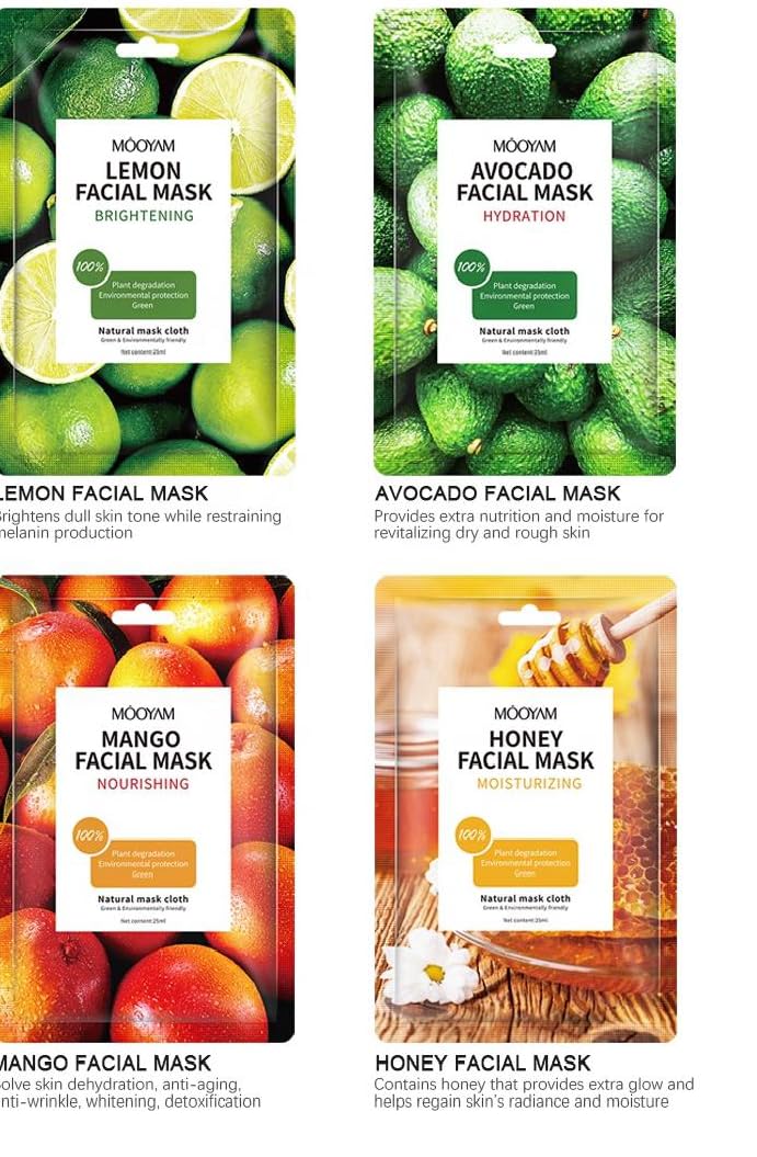 MOOYAM 8-pack Korean Skin Care Face Beauty Mask Sheet - Jojoba Oil, Green Tea, Vitamin C, Hyaluronic Acid, Shea Butter, Moisturising, Anti-Wrinkle, Brightening, Firming, Nourishing, Lightening 25ml/pc