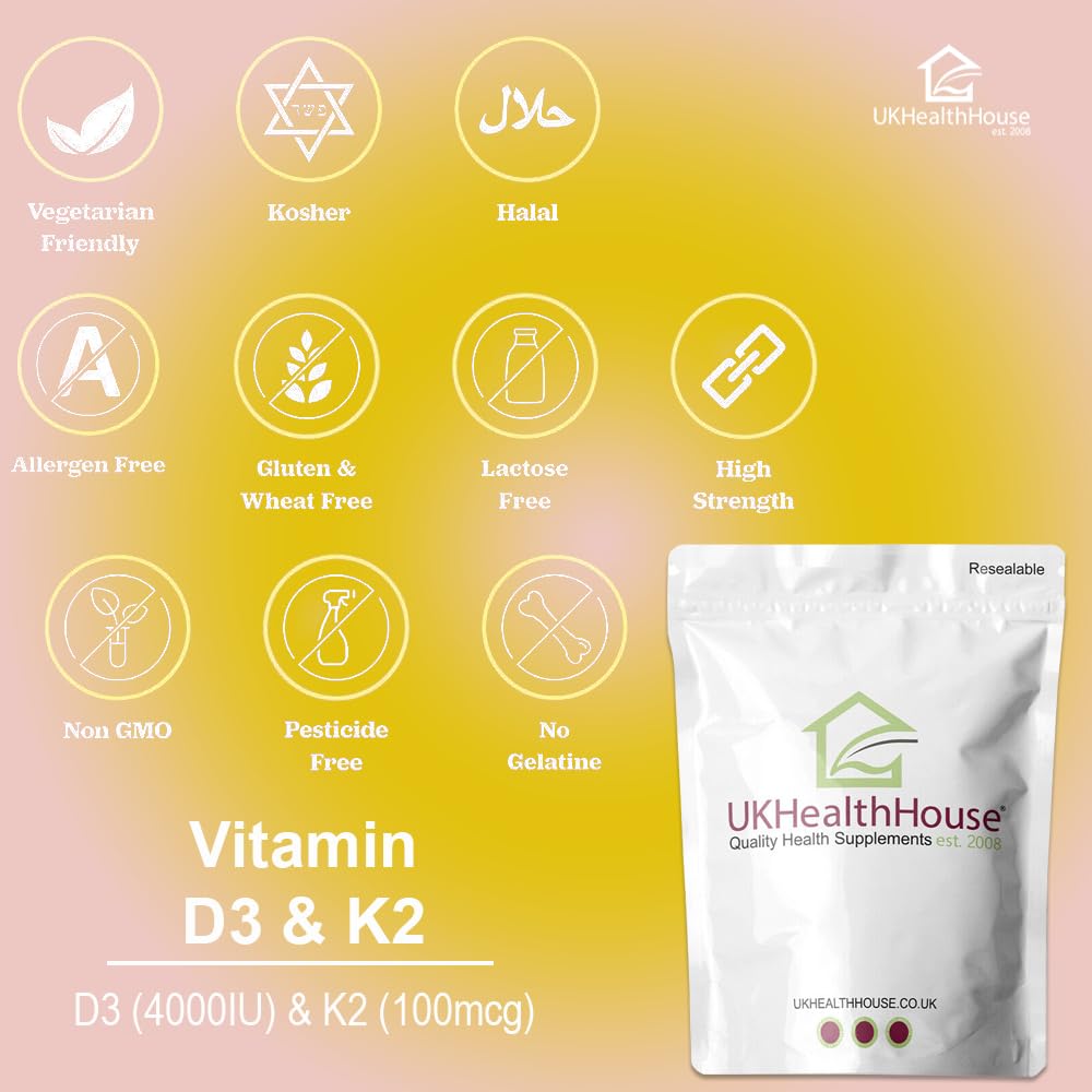 Vitamin D3 4000iu & K2 100ug (MK7) Vitamin D3 K2 Vegetarian Tablets Supports Normal Bones, Muscles, Teeth, Immune System Cholecalciferol Menaquinone-7 (60 tabs)