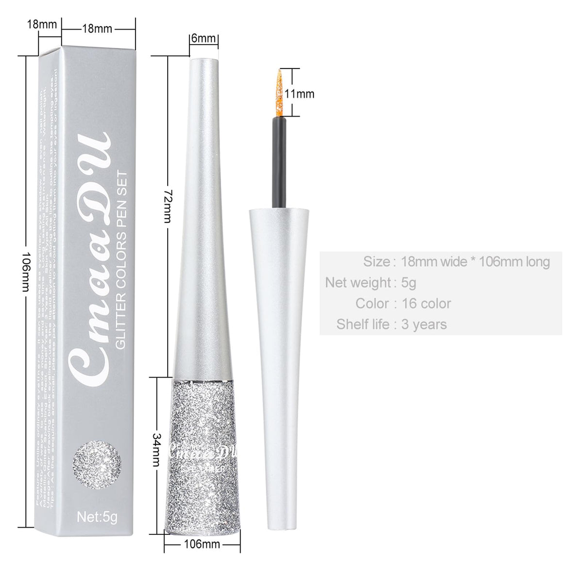QUIWEN Glitter Eyeliner and Eyeshadow - Waterproof Sparkle Long-Lasting Smudge-proof Liquid Eye Liner - Quick Dry Shimmer White Silver Beauty Makeup for Women