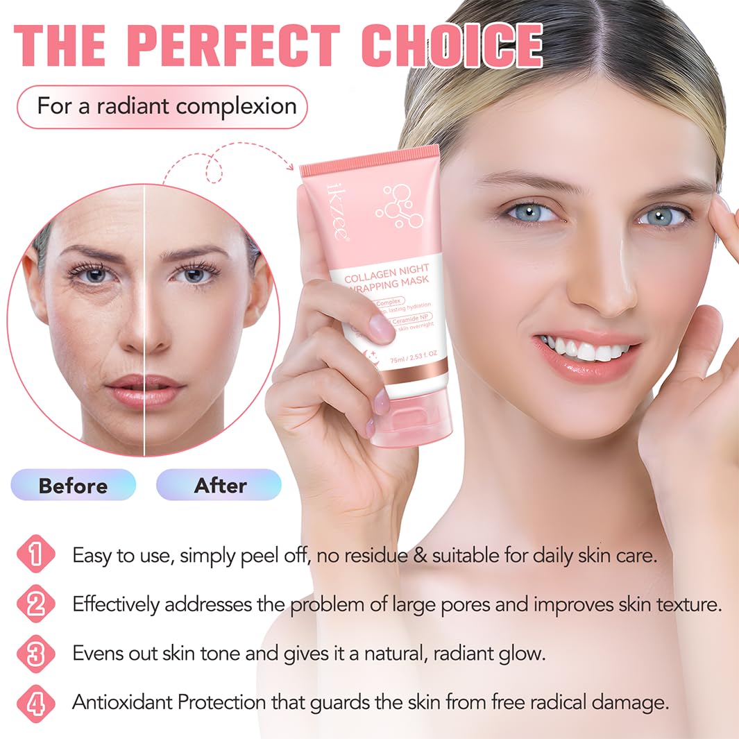LEHYUKT Collagen Night Repair Mask, Night Wrap Mask + Cleansing Brush, Peel Off Face Masks, For Dry and Dehydrated Skin - Deep Moisturizing Treatment, Reduces Wrinkles and Dullness, Improves Skin Elasticity