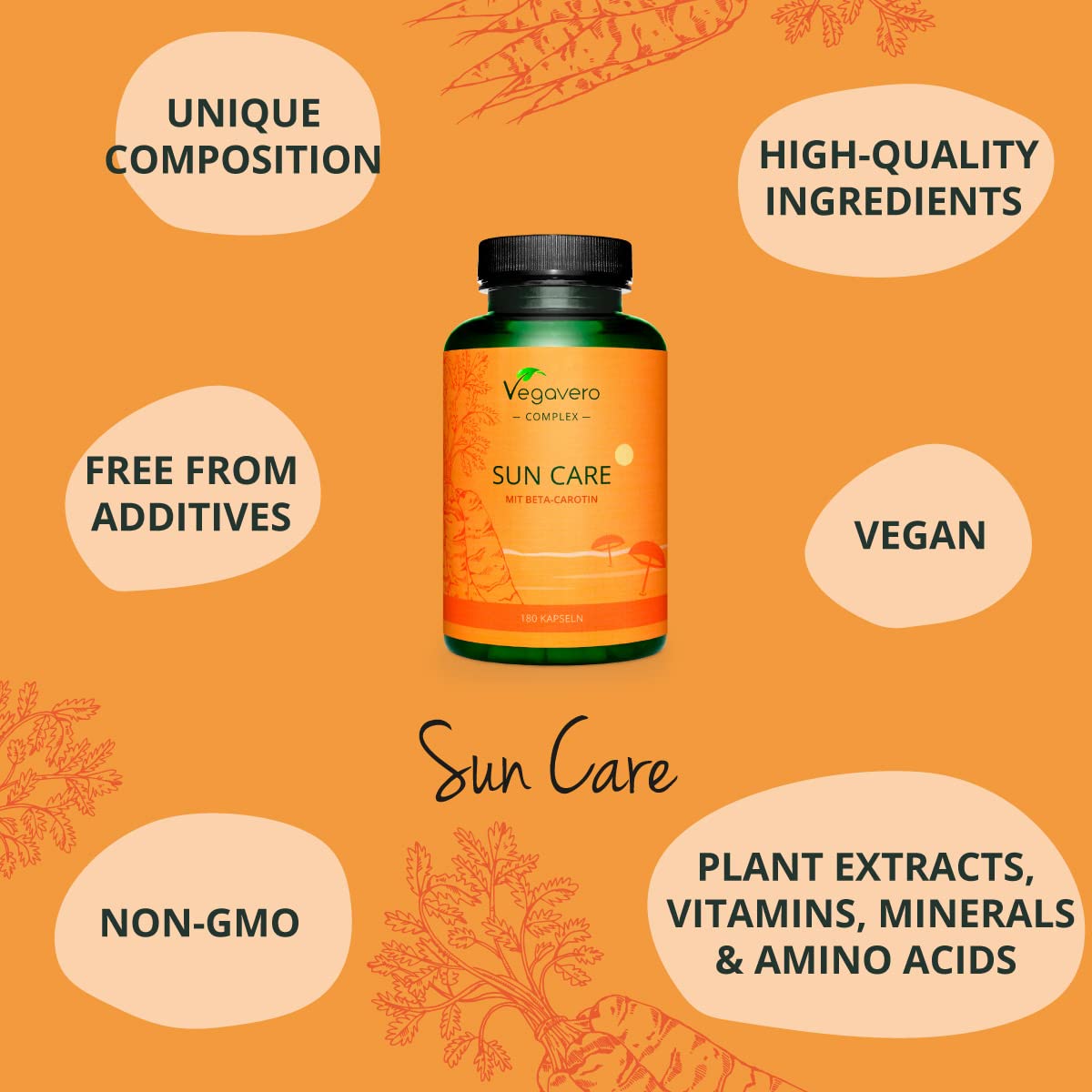 Tanning Capsules Vegavero® | Beta Carotene, Vitamin E, L-Tyrosine, Copper, Zinc & Olive Leaf Extract | Flavonoids | Lycopene | Skin Protection Support | NO Additives, Lab-Tested | Vegan