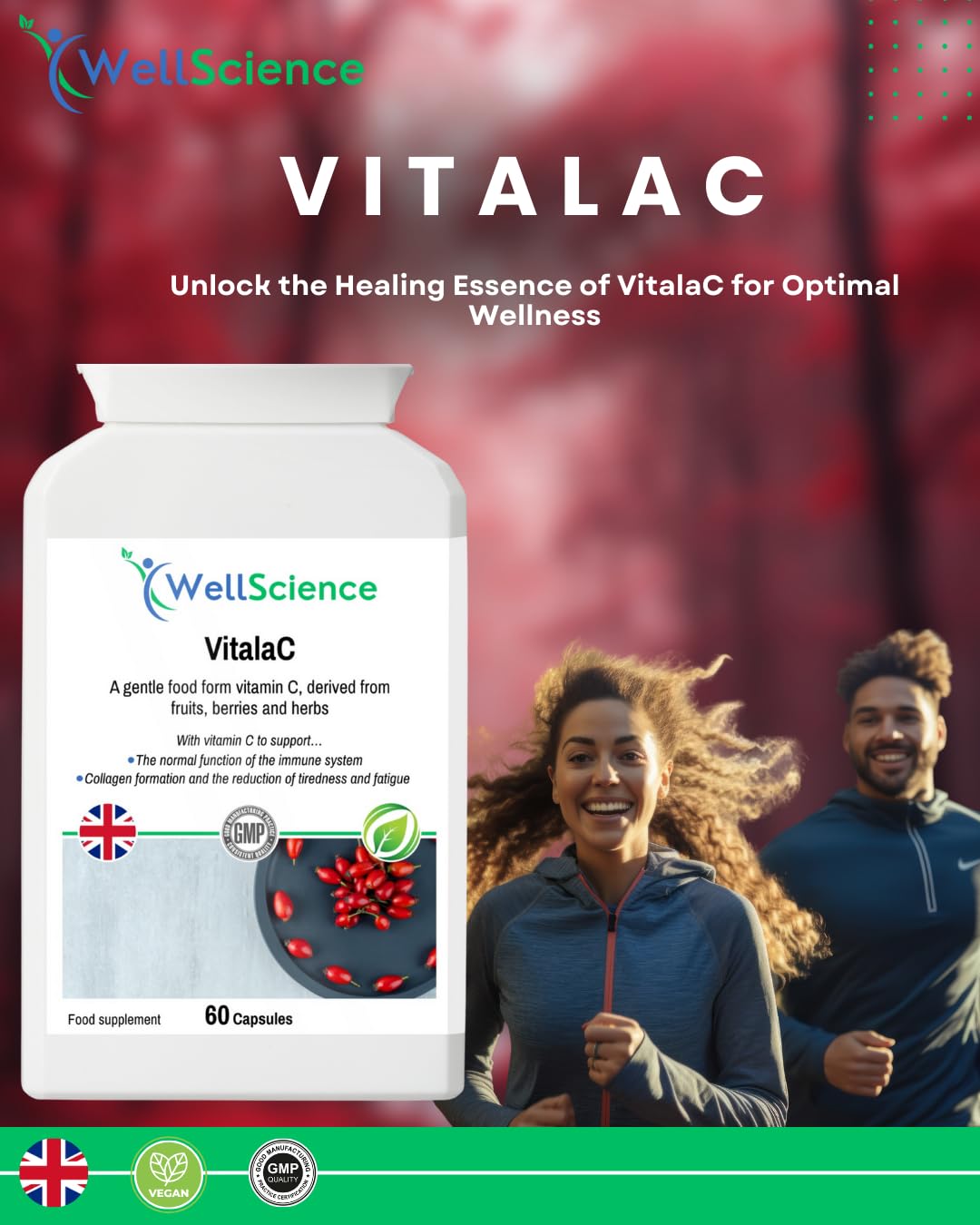 Wellscience WellScience VitalaC - Natural Vitamin C Supplement for Immune Support, Collagen Formation, and Antioxidant Protection - Acerola Cherry, Parsley, Blackcurrant, Rosehip, and Elderberry Extracts