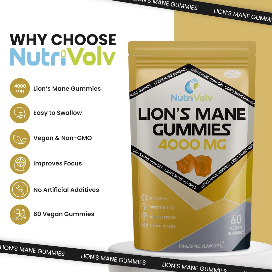 Lions Mane Gummies 4000mg | Super Strength Lion's Mane Supplement | 1 Month Supply | Mushroom Extract | Pineapple Flavour | 60 Vegan Gummies | Sugar Free | Focus, Mental Performance | by NutriVolv