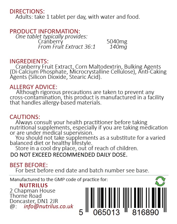 Nutrilus Cranberry Extract 90 Tablets 5040mg - High Strength - One Daily - UTI Prevention - Urinary Tract, Bladder Support
