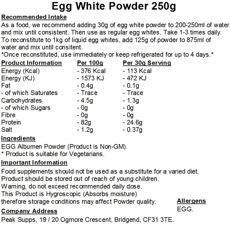 Peak Supps Egg White Powder 250g - High Protein | Vegetarian Friendly