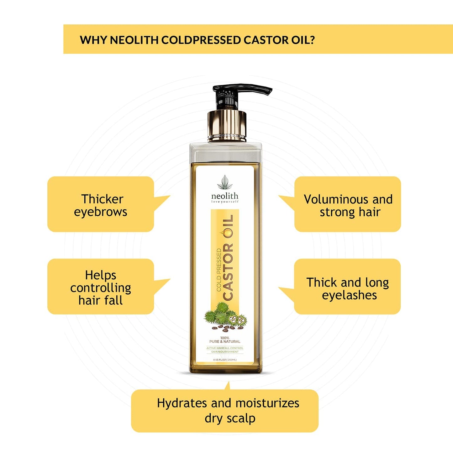 Neolith 100% Organic, Virgin Grade Cold Pressed Castor Oil, Non GMO, Hexan free- For Hair care, Skin care for Dry skin, Eyelashes, Eyebrows, Beard oil, Massage oil, Lash Growth 250 ml