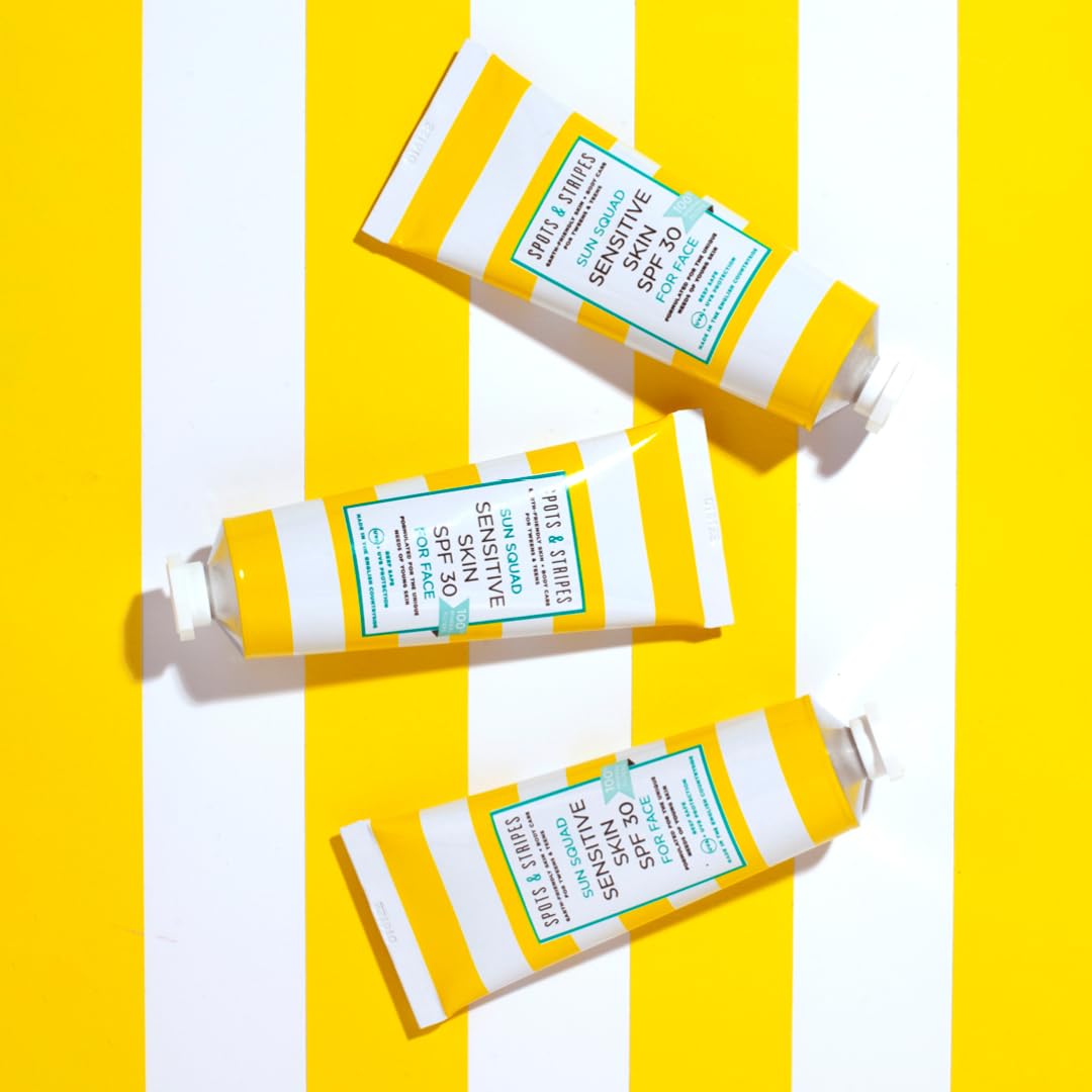 Spots & Stripes - Sun Squad Sensitive Skin SPF 30 for Face, 99% Natural, 100% Mineral Sunscreen for Teens and Young Skin, Organic Aloe Vera Leaf Juice, Jojoba and antioxidant-packed Green Tea (50ml)