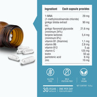 ENDOTELIO Endotelio Brain 1-MNA, Anti Aging, Optimizing NAD+, Ginkgo Biloba, Zinc, Biotin, Vitamin C and B Complex, Biohacking Supplement, Memory, Focus, Mood, Enhanced Bioavailability, 30 Caps