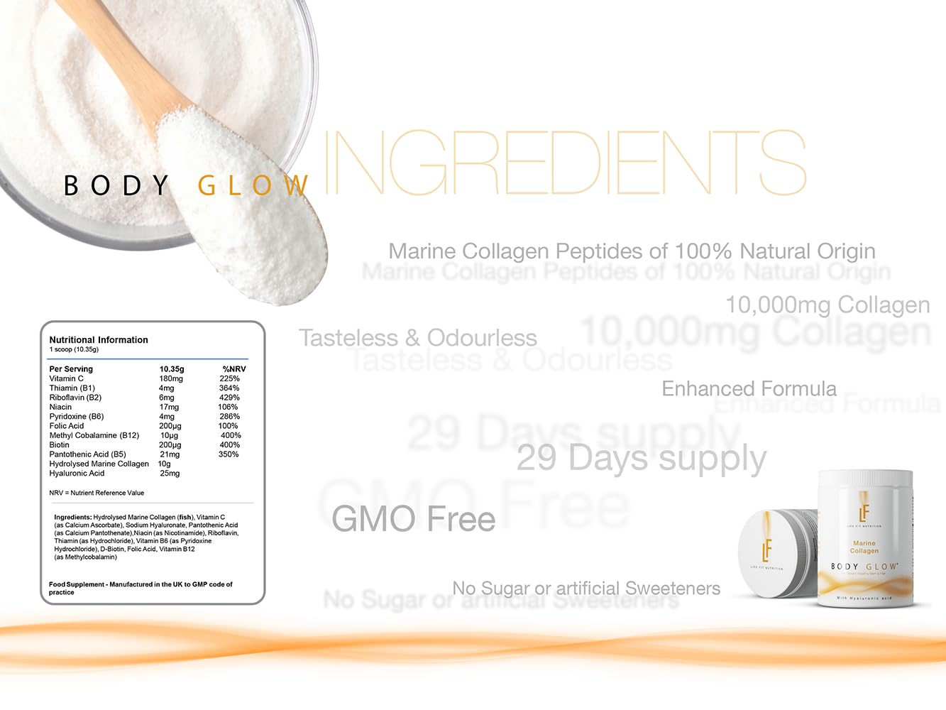 Life Fit Nutrition Body Glow Marine Collagen Powder |10,000mg with Hyaluronic Acid & Vitamin C | Hydrolysed for High Absorption | Type 1 Marine Collagen from Fish | Unflavoured, Odourless and Neutral | 29 Servings 300g