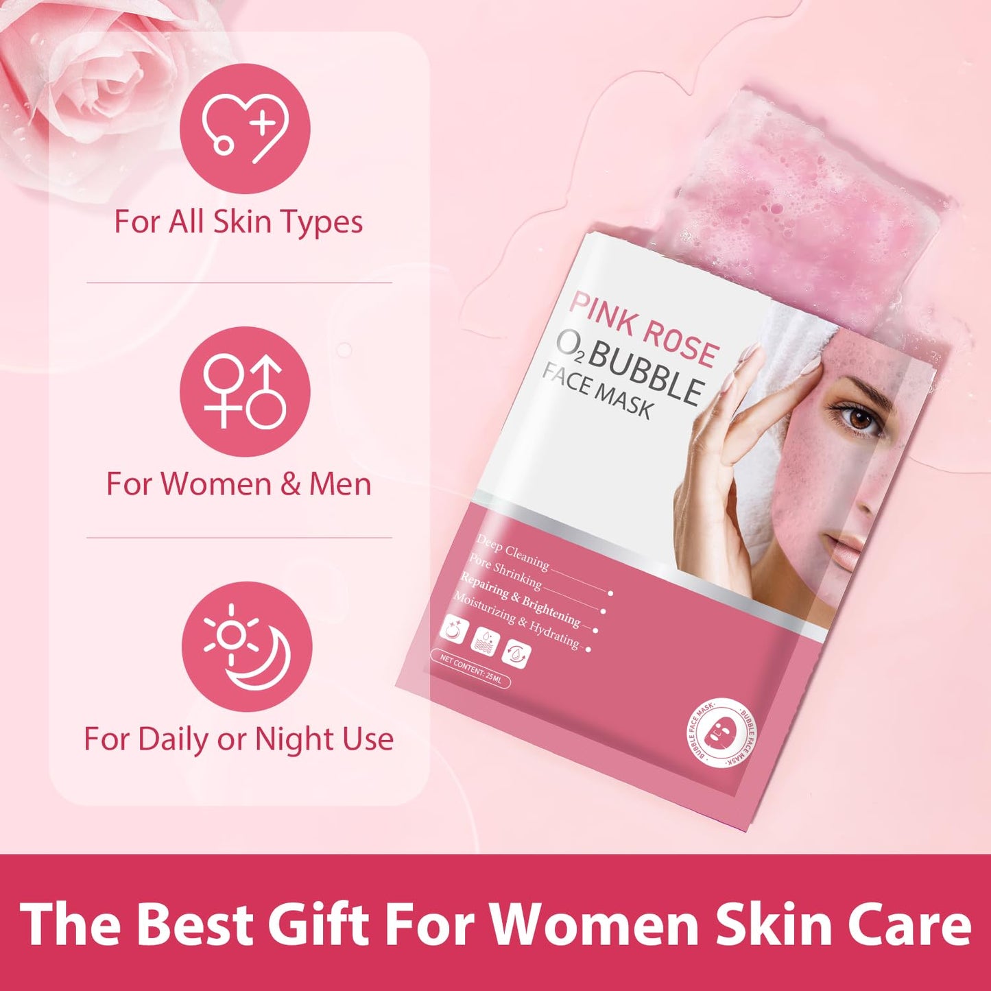IREV 10 Pack Pink Rose O2 Bubble Face Masks Sheet Foaming Face Mask Purifying Facial Mask for Acne and Pores for Deep Cleansing and Rejuvenating Facial Treatment Mask Beauty Skincare