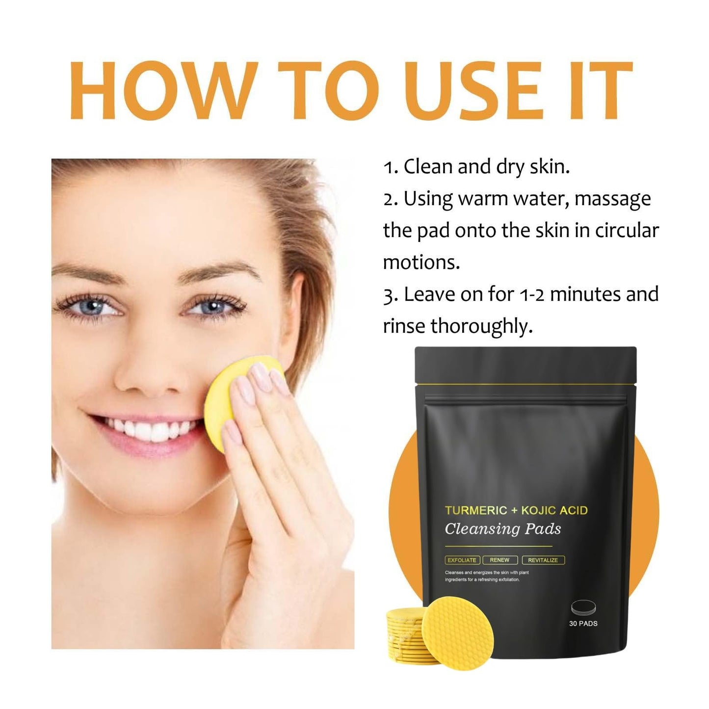 30PCS Turmeric Kojic Acid Cleansing Pads,Turmeric Face Scrub Pads,Cleansing Pads for Exfoliation,Face Pads Cleansing Cotton,Helps Balance Skin Oil and Water,Refreshes Controls Oil,Refines Pores